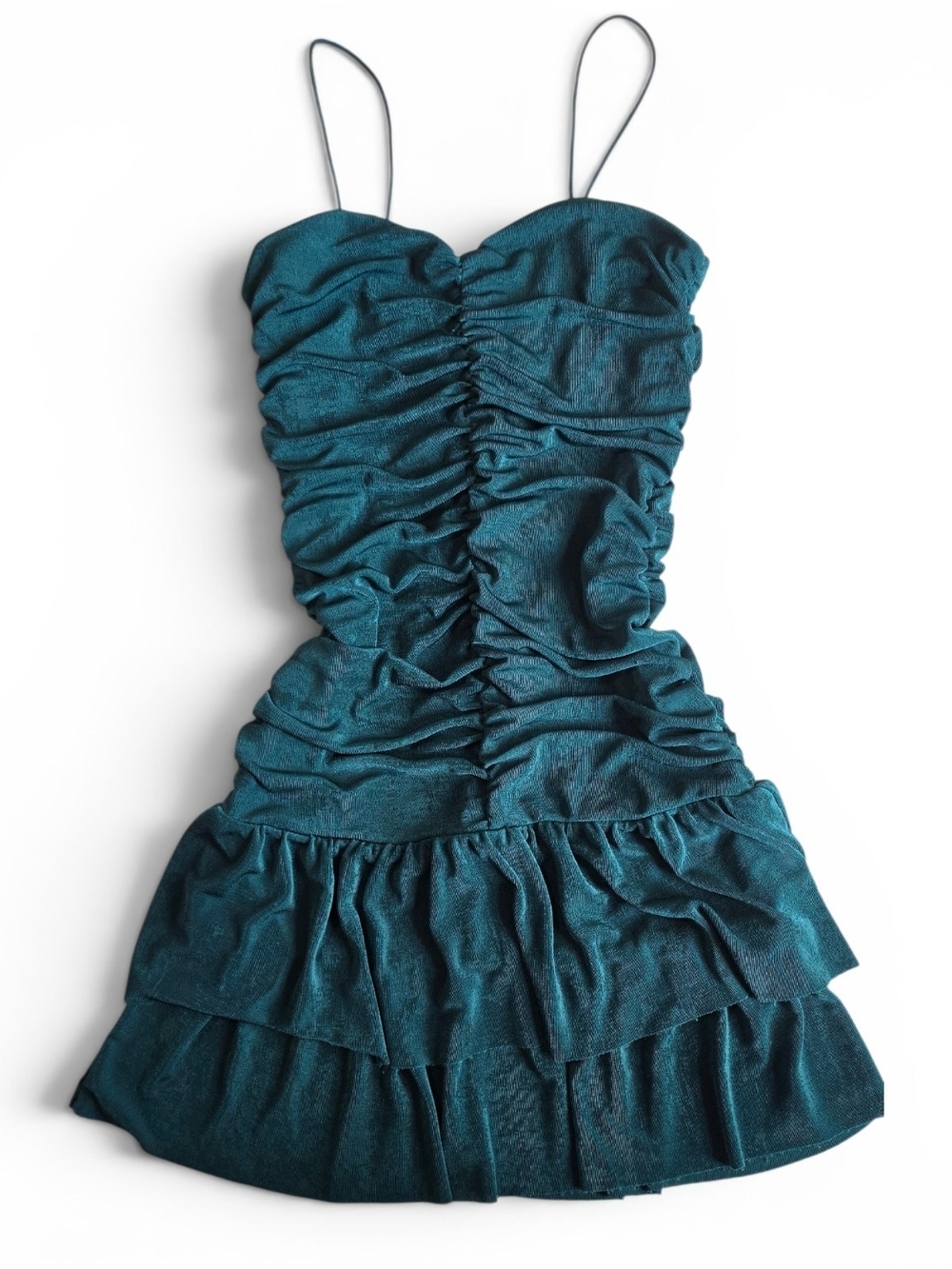 Forever 21 Emerald Green Satin Ruched Sweetheart Spaghetti Strap Mini Dress S